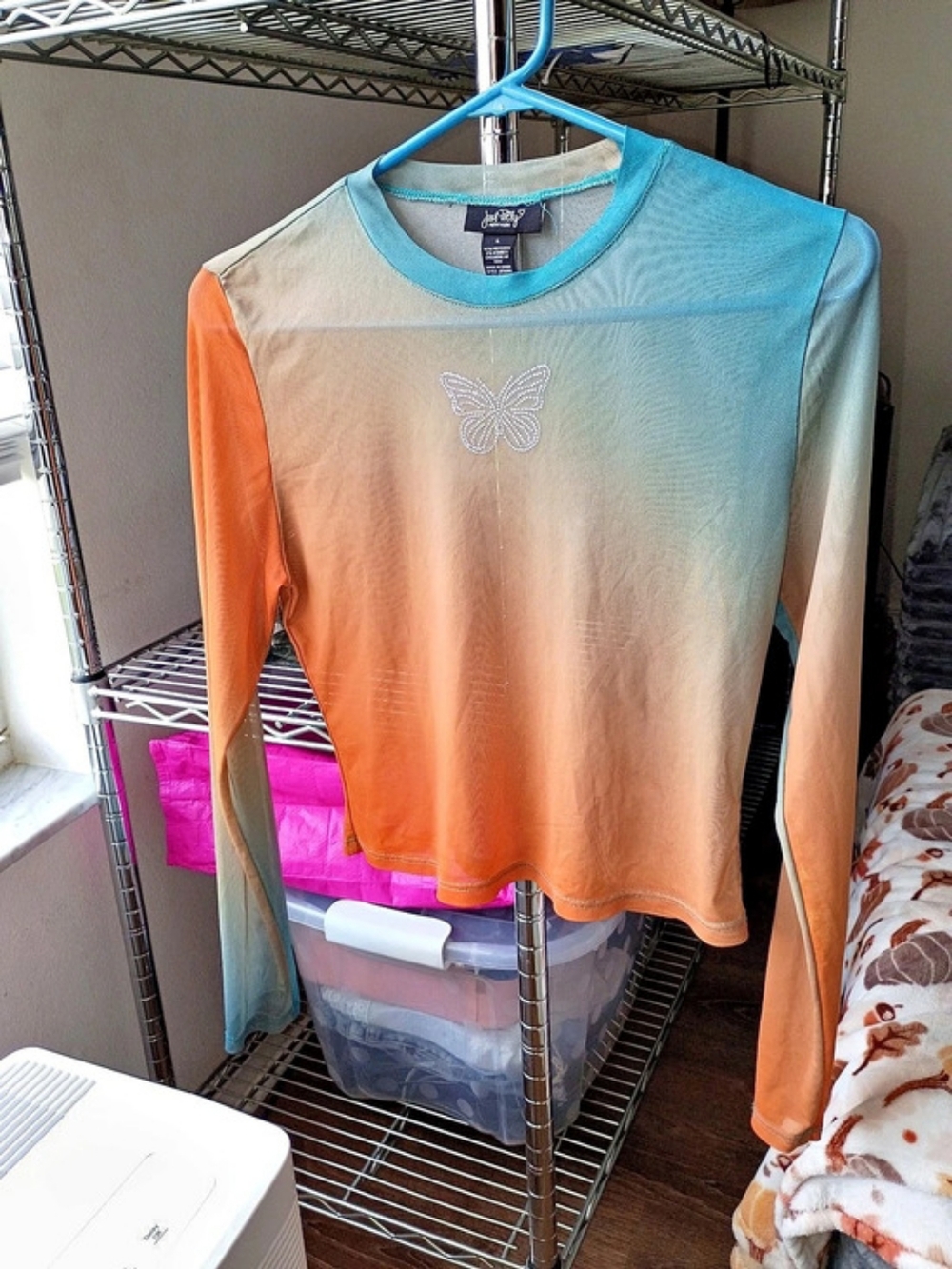 Lucky Brand Long Sleeve Butterfly Sheer Top in Orange & Blue Size Medium Like新